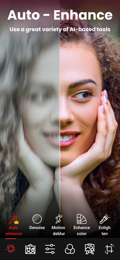 Comparaison avant et après d'un portrait flou transformé en image nette et claire à l'aide d'outils d'amélioration de photos par IA