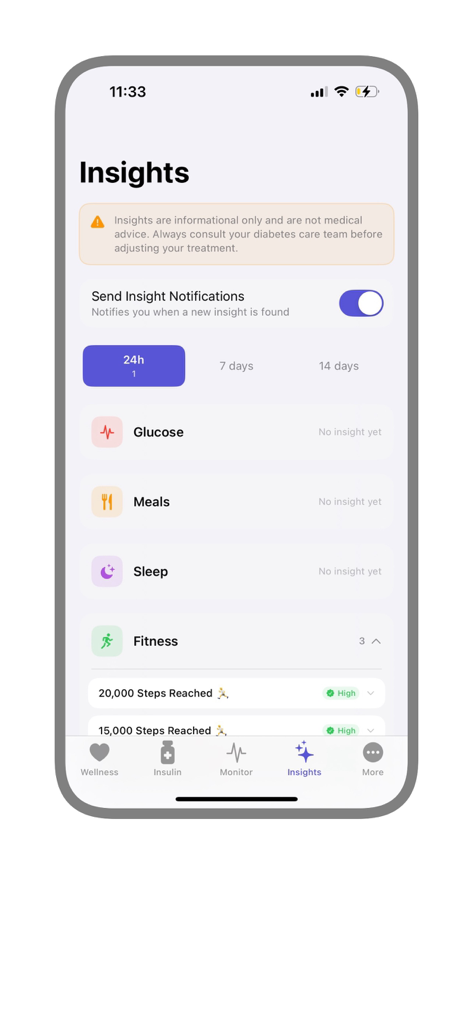 GlucoGuard - GlucoGuard mobile app insights screen displaying personalized health data categories like glucose meals sleep and fitness