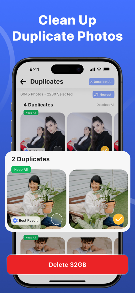 Clean AI・Phone Storage Cleaner - Clean AI app interface showing duplicate photo detection and a red button to delete 32GB of storage.