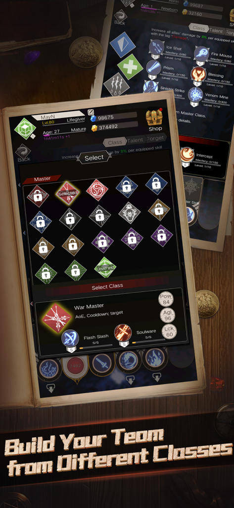 Interfaz que muestra el menú de selección de clase de personaje y los árboles de habilidades en el juego móvil Immortal Reborn.