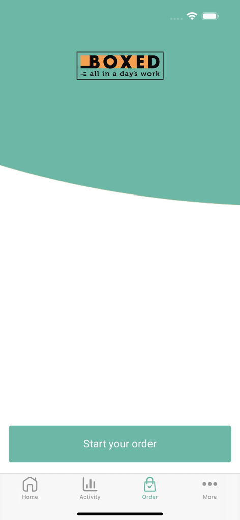 Boxed CP mobile app home screen with a large button to start a food order and the company logo.