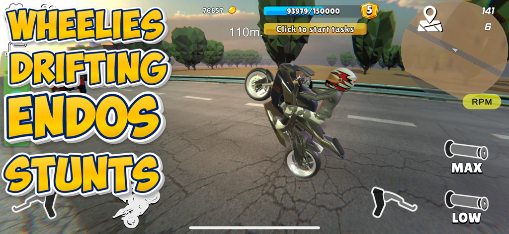 Um piloto de moto realizando uma manobra vertical em uma estrada no jogo Wheelie King 7 com elementos de UI mostrando texto de acrobacias e derrapagem.
