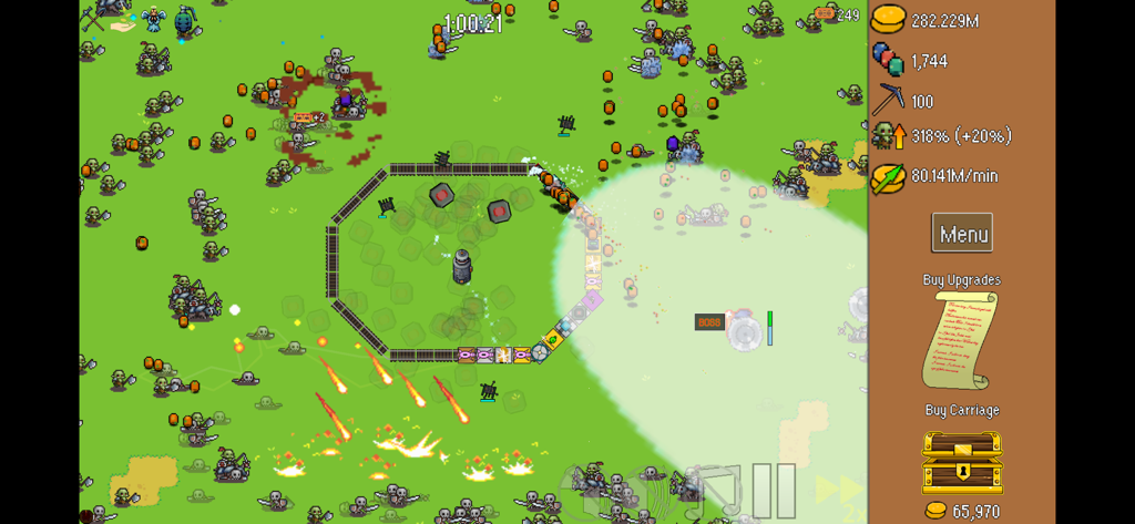 All Aboard! Defense Express - Gameplay of All Aboard Defense Express showing a train with turrets fighting a large horde of orcs.