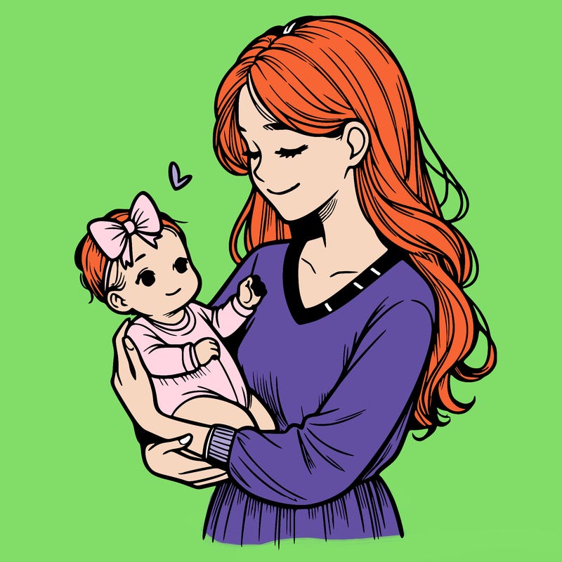 mother carrying baby in arms, the baby has a bow realistic