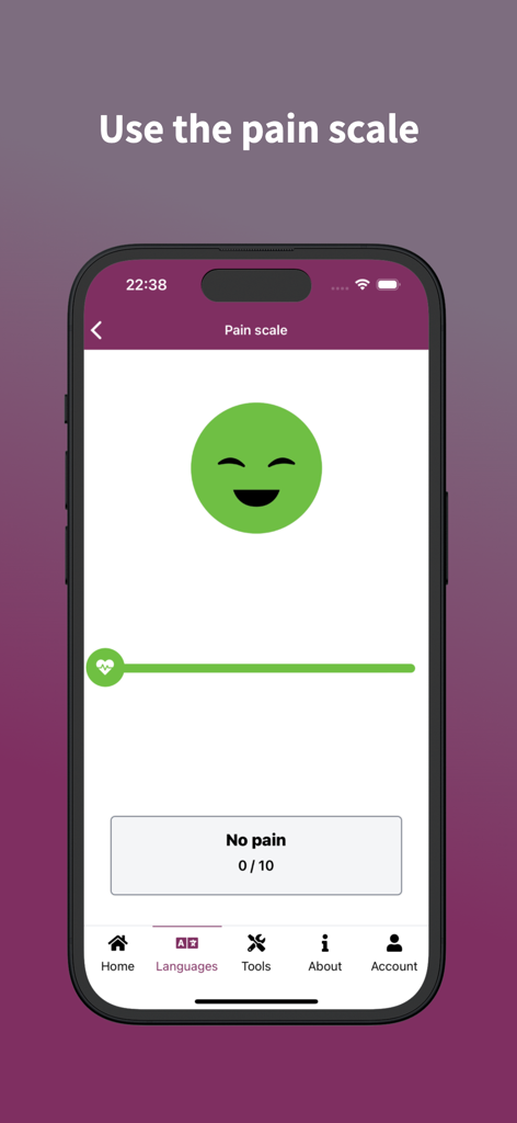 녹색 웃는 얼굴과 10점 만점에 0점으로 표시된 시각적 의료 통증 척도를 표시하는 메디글롯 앱 화면.