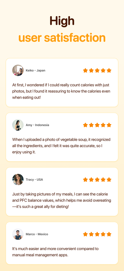 User testimonials and 5-star ratings for the Calsee AI Calorie Counter app showing high user satisfaction.