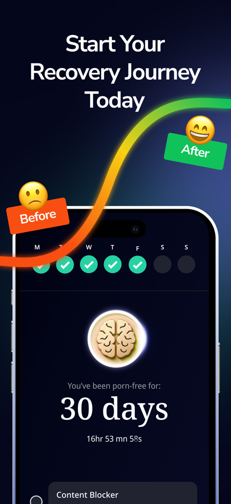 QuitBuddy: No Nut - Quit Porn - Interface do aplicativo QuitBuddy exibindo uma sequência de recuperação de 30 dias e uma curva de progresso de antes para depois.