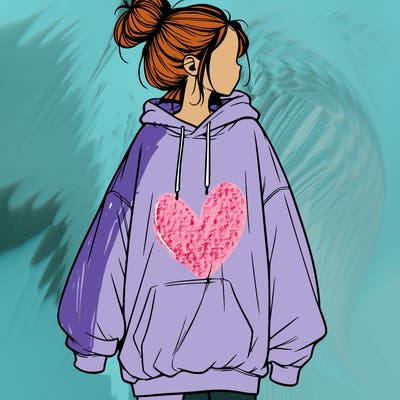 realistic girl with a oversized sweatshirt on and a bun