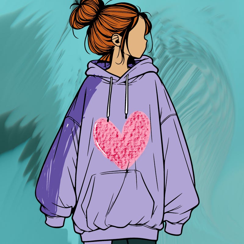 realistic girl with a oversized sweatshirt on and a bun