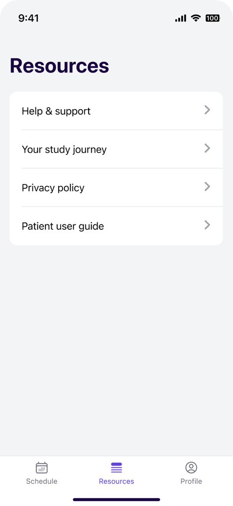 Medable - Medable app Resources menu featuring help and support, study journey, privacy policy, and patient user guide options.