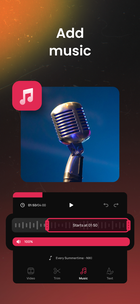 Combine Videos Editor - Mobile app interface showing the feature to add and edit background music for video clips.