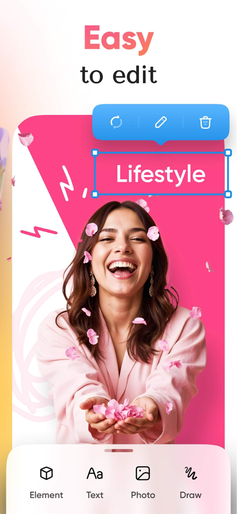 Interface do aplicativo móvel Flyer AI mostrando edição fácil de texto e fotos para um design de cartaz de estilo de vida