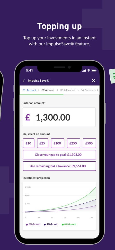 True Potential - True Potential app screen showing the impulseSave feature for topping up investments with a growth projection chart.