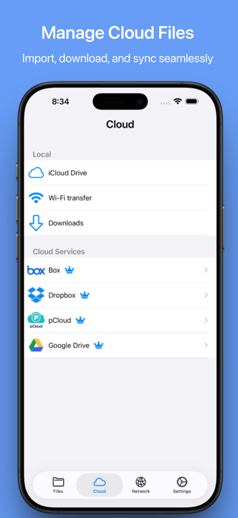 MyFiles - File Manager Browser - Interface do aplicativo MyFiles mostrando serviços de armazenamento em nuvem como Dropbox e Google Drive em um iPhone