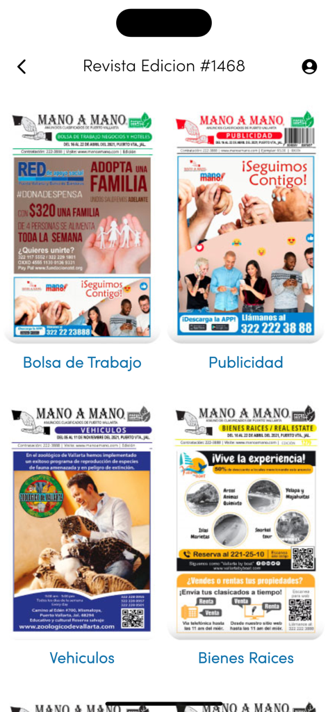 Mano a Mano Revista - Mano a Mano Revista app screen showing classified categories for jobs advertising vehicles and real estate