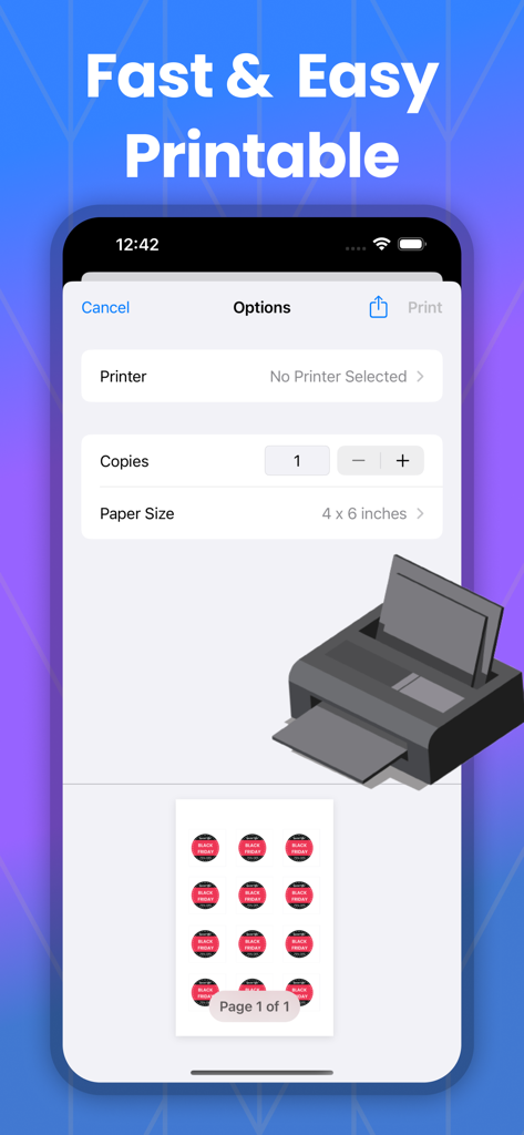 AI Label Maker mobile interface showing wireless printer selection and custom sticker label preview