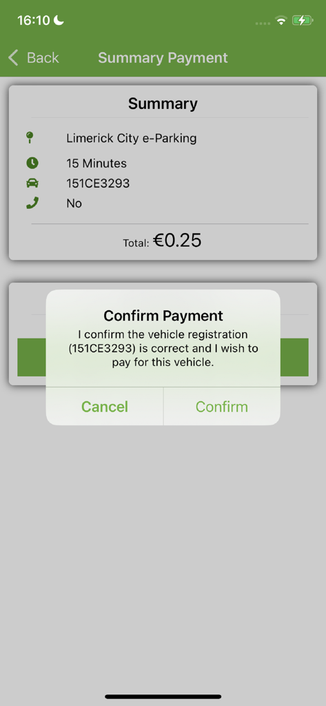 Limerick e-Parking - A mobile app screenshot showing a payment summary for 15 minutes of parking and a confirmation pop-up for vehicle registration.