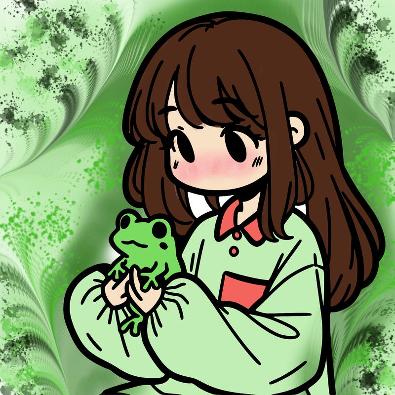 girl with long hair and a oversized shirt. and she is holding a frog