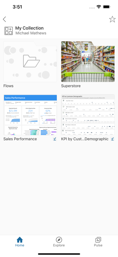 Tableau Mobile - Screenshot of the Tableau Mobile app showing a user's collection of data dashboards including sales performance and customer KPIs.
