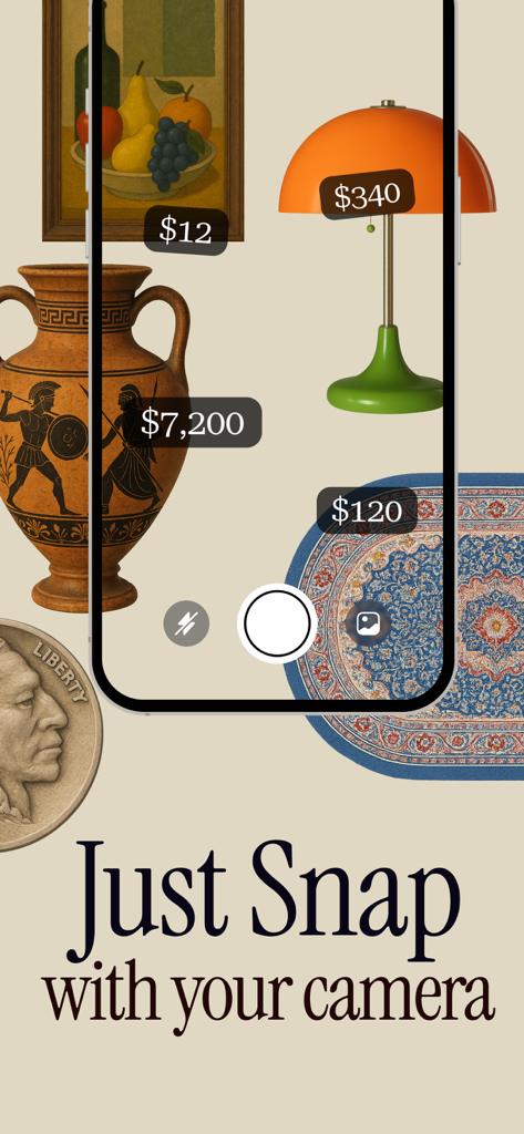 Antique Identifier Zophi - Cámara de smartphone identificando artículos antiguos con etiquetas de precio estimadas usando la aplicación Zophi