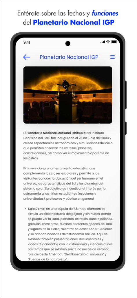#IGP - Pagina informativa sul Planetario Nazionale all'interno dell'applicazione mobile IGP