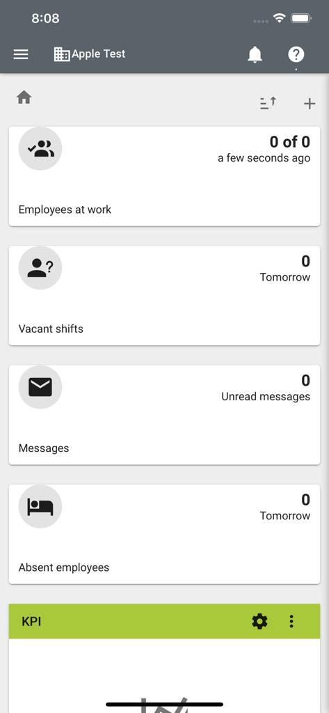 Tableau de bord du manager Easy At Work affichant la présence des employés, les équipes vacantes, les messages et un aperçu du personnel absent.