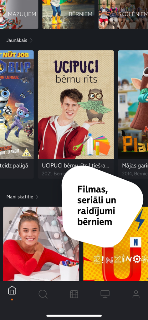 LMT Viedtelevīzija - Mobile app interface showing children movies and shows in Latvian
