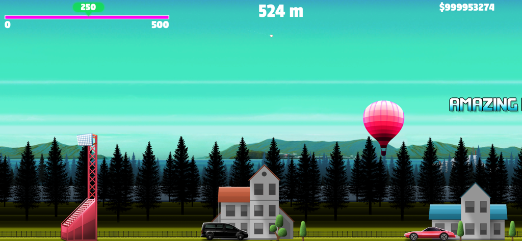 Uma bola de beisebol voando 524 metros sobre um bairro após uma rebatida de toque em um jogo mobile.