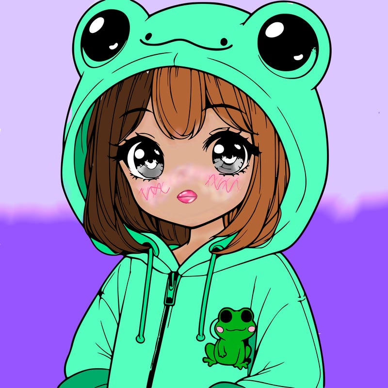 cute realistic girl in a froggy hoodie
