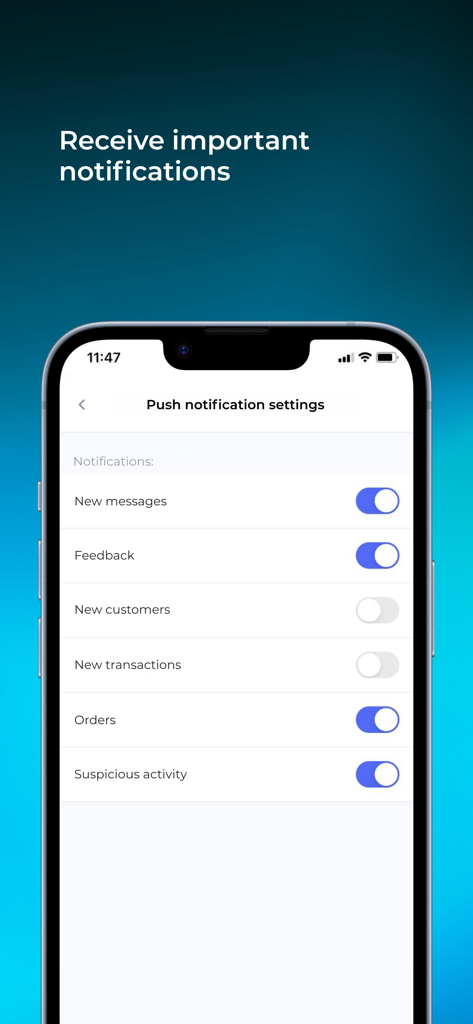 UDS Business app push notification settings screen for managing customer feedback and orders
