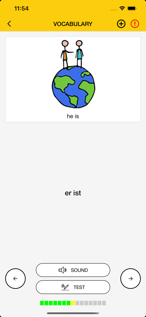ZARAZ English and German - ZARAZ app vocabulary screen showing the English phrase he is and its German translation er ist with sound and test buttons.