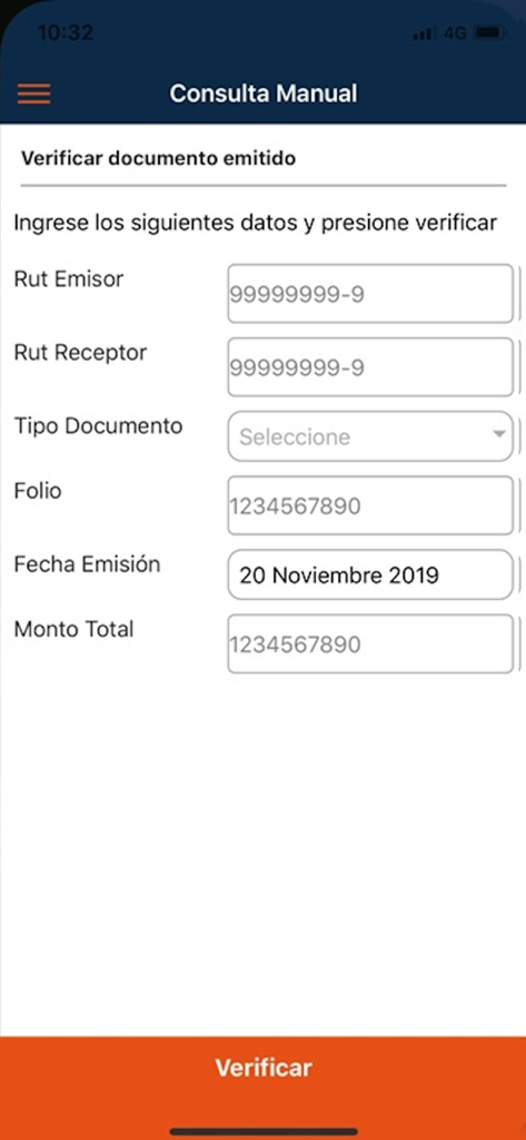 Pantalla de consulta manual en la aplicación e-Factura para verificar documentos tributarios con campos para identificación tributaria y detalles del documento
