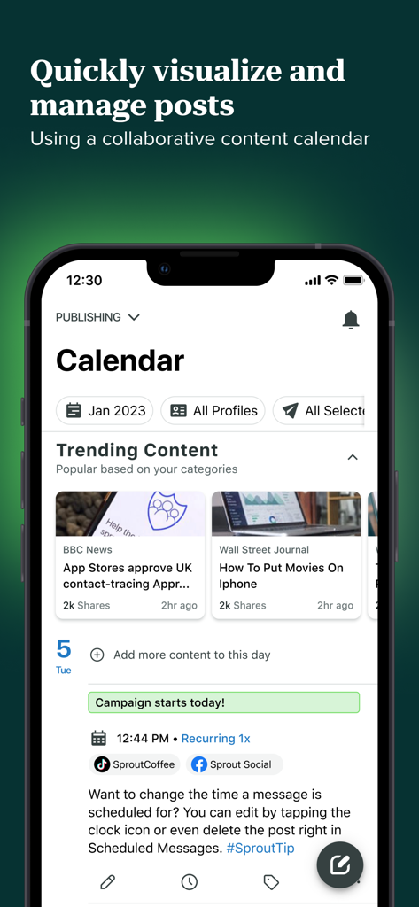 Sprout Social mobile app interface displaying the collaborative content calendar and scheduled social media posts