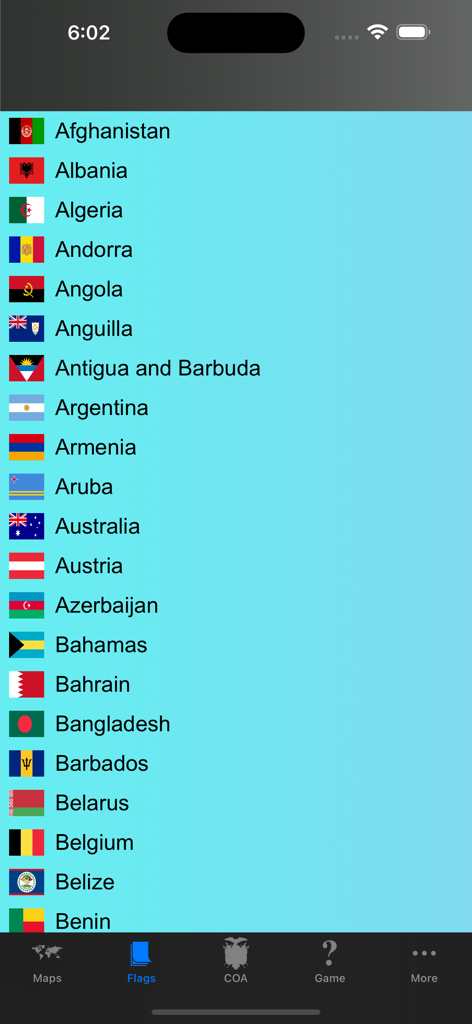 Country Flags, Maps, Capitals - Alphabetical list of world countries with their national flags in the app interface