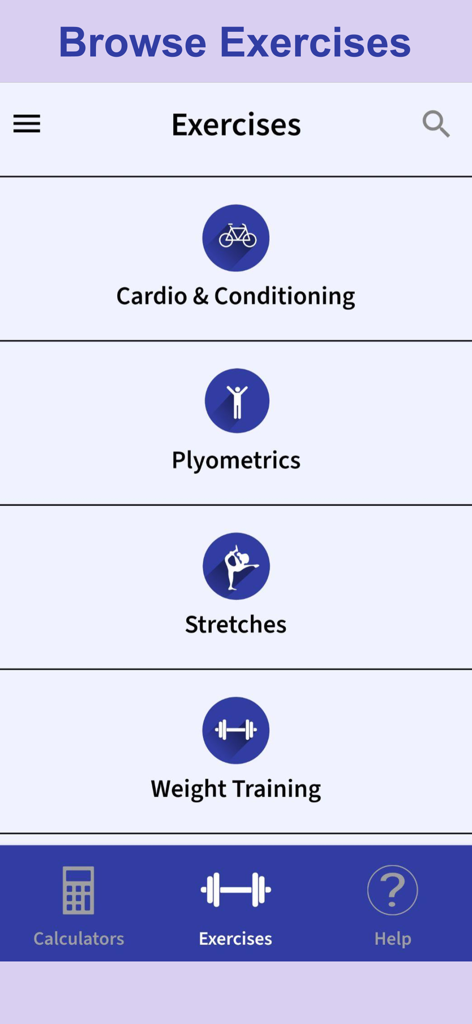 ExRx.net app exercise browser showing categories for weight training cardio plyometrics and stretches