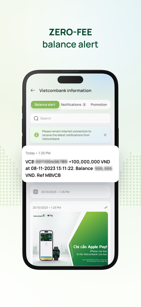 VCB Digibankアプリからのゼロ手数料残高アラートとアカウント通知を表示するスマートフォン画面。