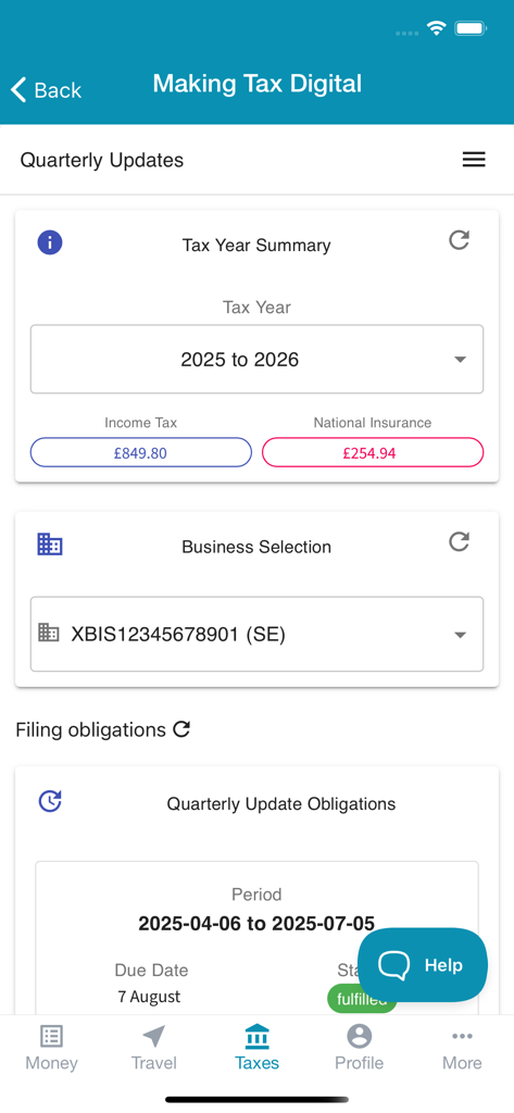 "untied" - personal tax app - Tela do aplicativo Untied para Making Tax Digital mostrando o resumo de impostos e o status da declaração