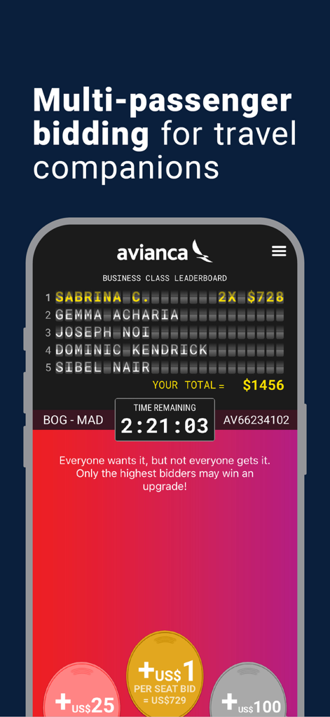 SeatBoost app interface showing a live flight upgrade leaderboard for multi-passenger bidding.