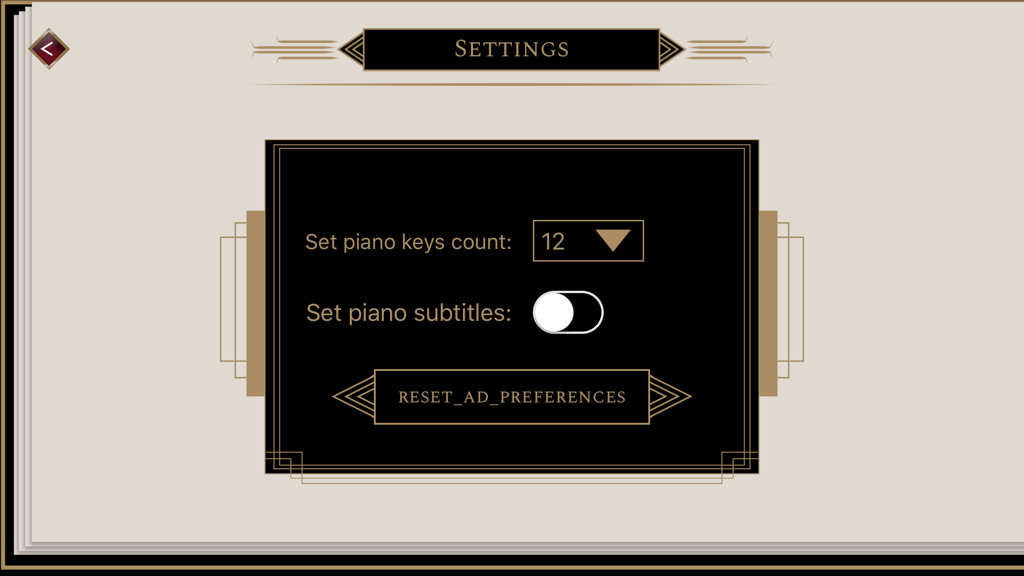 The Best Piano - Menu de configurações no aplicativo O Melhor Piano mostrando a contagem de teclas do piano e opções de legendas.