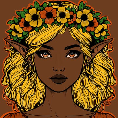 realistic female elf with flower crown