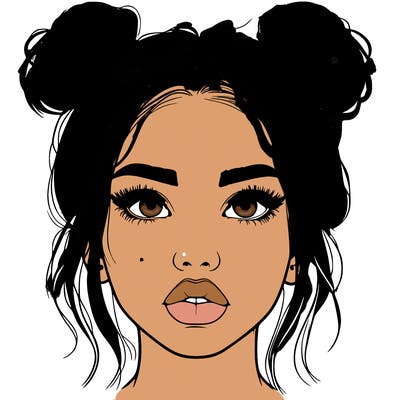realistic girl with two buns on her hair and lips