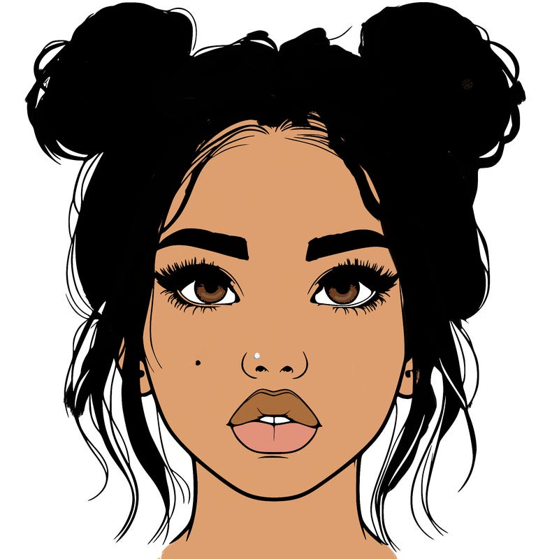 realistic girl with two buns on her hair and lips