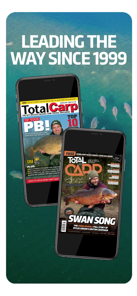 Total Carp - Two smartphones displaying covers of Total Carp magazine against an underwater background with fish.