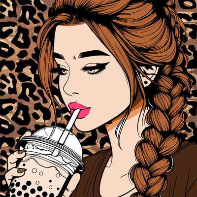 realistic girl drinking boba tea with braided hair