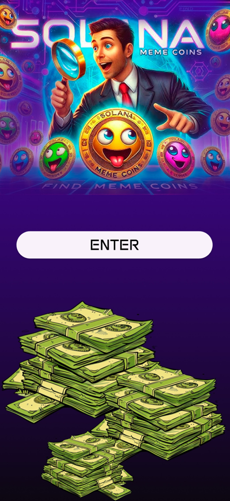 Memecoin Alerts: Real-Time SOL - Landing page for Memecoin Alerts app showing a man searching for Solana coins above a large stack of cash