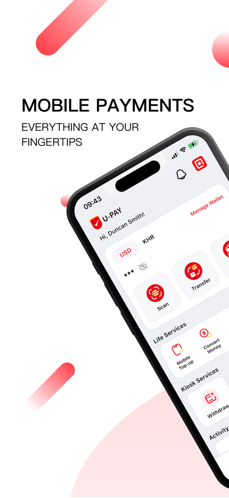 U-Pay - La pantalla de inicio de la aplicación móvil U-Pay que muestra las funciones de escaneo para pagar y transferencia financiera en un smartphone.