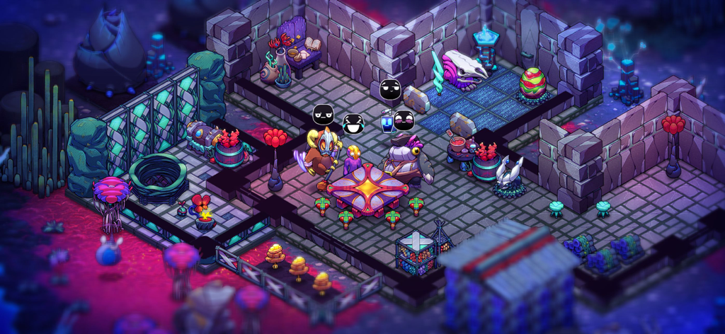 Main character and alien friends interacting inside a custom built stone base in Crashlands 2