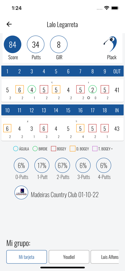 Plack - Plack mobile app digital golf scorecard showing player statistics and hole scores