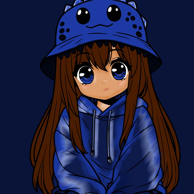 girl with anime shaped eyes with a dinosaur bucket hat oversized sweatshirt long straight hair