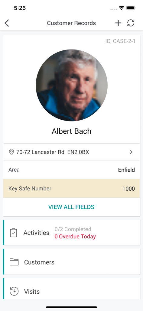 Mobile view of a customer record in the Access Care Planning app featuring patient details and activity status